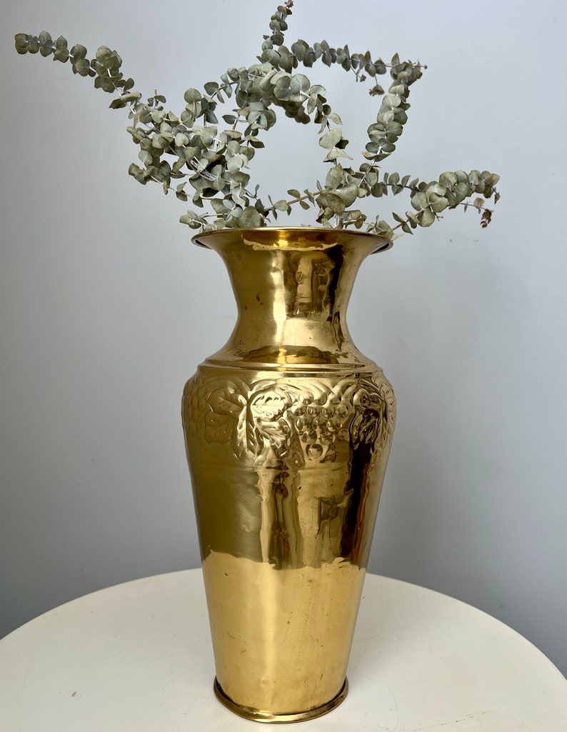 Vintage Large Gold Vase Solid Brass Vase Engraved Embossed Etsy
