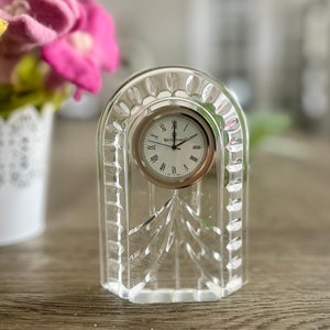 Waterford Crystal Clock Overture by Waterford Small Oblong Tabletop Desk Mantel Bedside Crystal Clock White & Silver Dial Roman Numerals