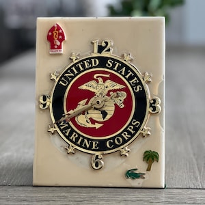 Vintage USMC Wall Clock: Handmade Ceramic Tile Marine Corps Emblem, Working