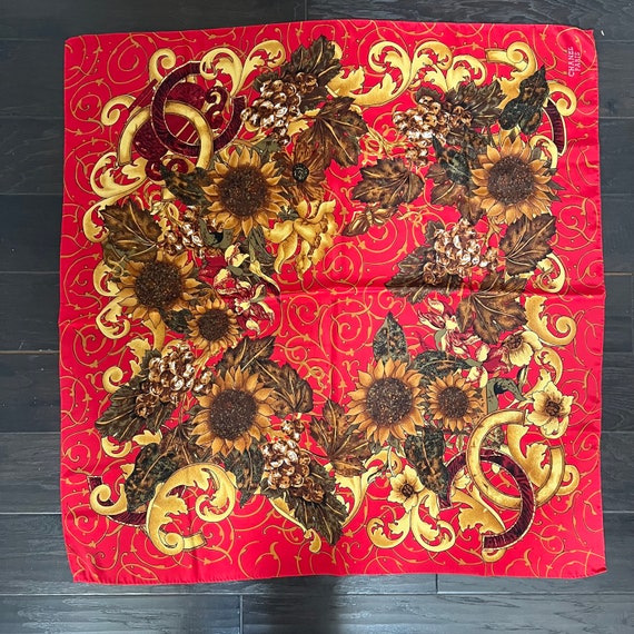 Chanel Sunflower Silk Scarf Red Gold Brown Printe… - image 3