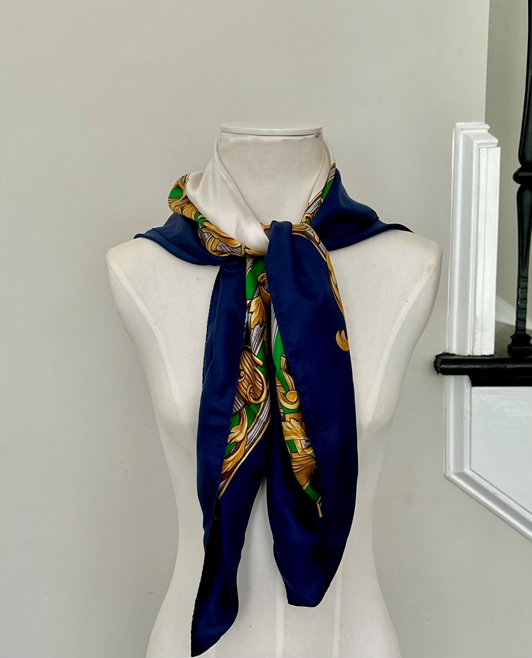 Vintage Club 7 Echo Silk Scarf Grecian Royal Theme Nay Blue, White