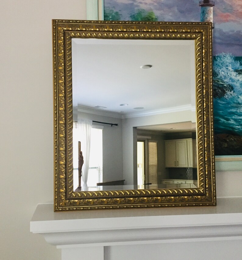 Vintage Gold Framed Mirror Large Beveled Rectangular 29 Carved Frame 25 X Ay Company