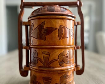 Bamboo Tingkat / Tiffin Box Singaporean Chinese 3 Tiered Lunch Food Carrier Stacksble Bamboo Bowls With Lid & Handle