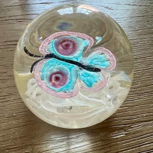 Vintage Butterfly Paperweight Blown Glass Floral Paper Weight Pink & Blue Butterfly Paper Weight Clear Glass With Paperweight