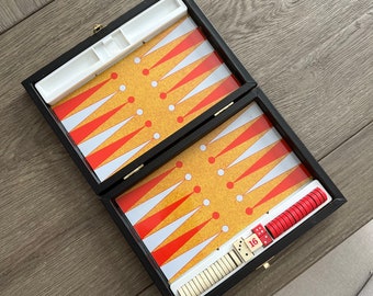 Vintage Magnetic Travel Backgammon Set: Faux Cork Board, Black Case