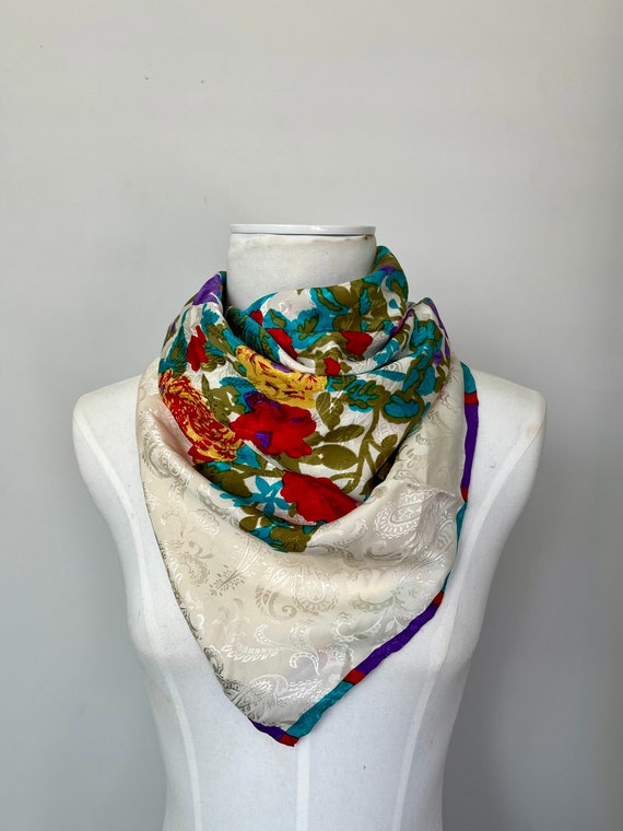 Floral Silk Scarf Jeannene Booher Bold Colorful R… - image 1