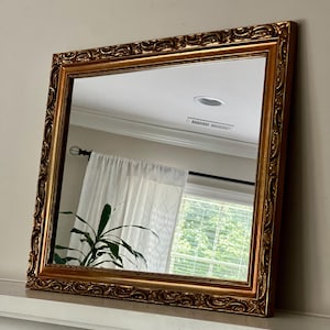 Vintage Gold Gilt Mirror 28” X 22” Rectangular Gold Gilt Mirror Floral Carved Gold Wood Frame Hollywood Regency Style Mirror