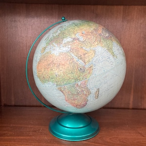 Vintage Weltkugel Globus-Meister Post Weltwand II Globus 12-Zoll-Blau-Weltkugel Auf Grünem Metallständer Mit UdSSR Sambia Ghana Korea