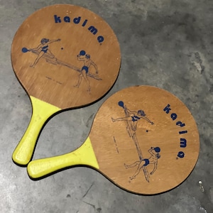 Vtg 1970s Kodima Wooden Paddle Ball Racquets Set Of 2- Made In Israel