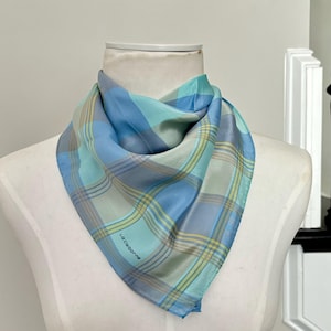 Vintage Liz Claiborne 100% Silk Scarf 31 Inch Square Blue, Green & Yellow Checks and Stripes  Classic Liz Claiborne Silk Scarf Made in Japan