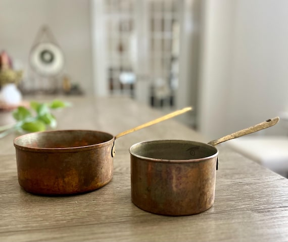 Vintage Tagus Copper Saucepans: Brass Handle Set of 2, Made in