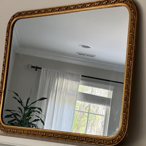 Antique Gold Gilt Mirror 41” x 31” Arched Rectangular Gold Gilt Mirror Carved Thin Gold Frame Hollywood Regency Style Gilded Mirror