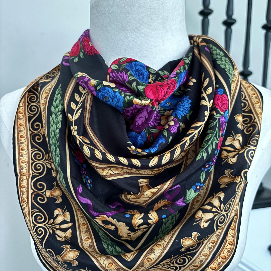 Vintage Floral Silk Scarf Black Gold Red Printed Bold & Colorful