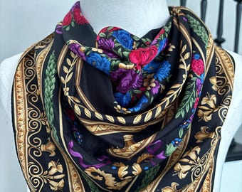 Vintage Floral Silk Scarf Black Gold Red Printed Bold  display picture 1
