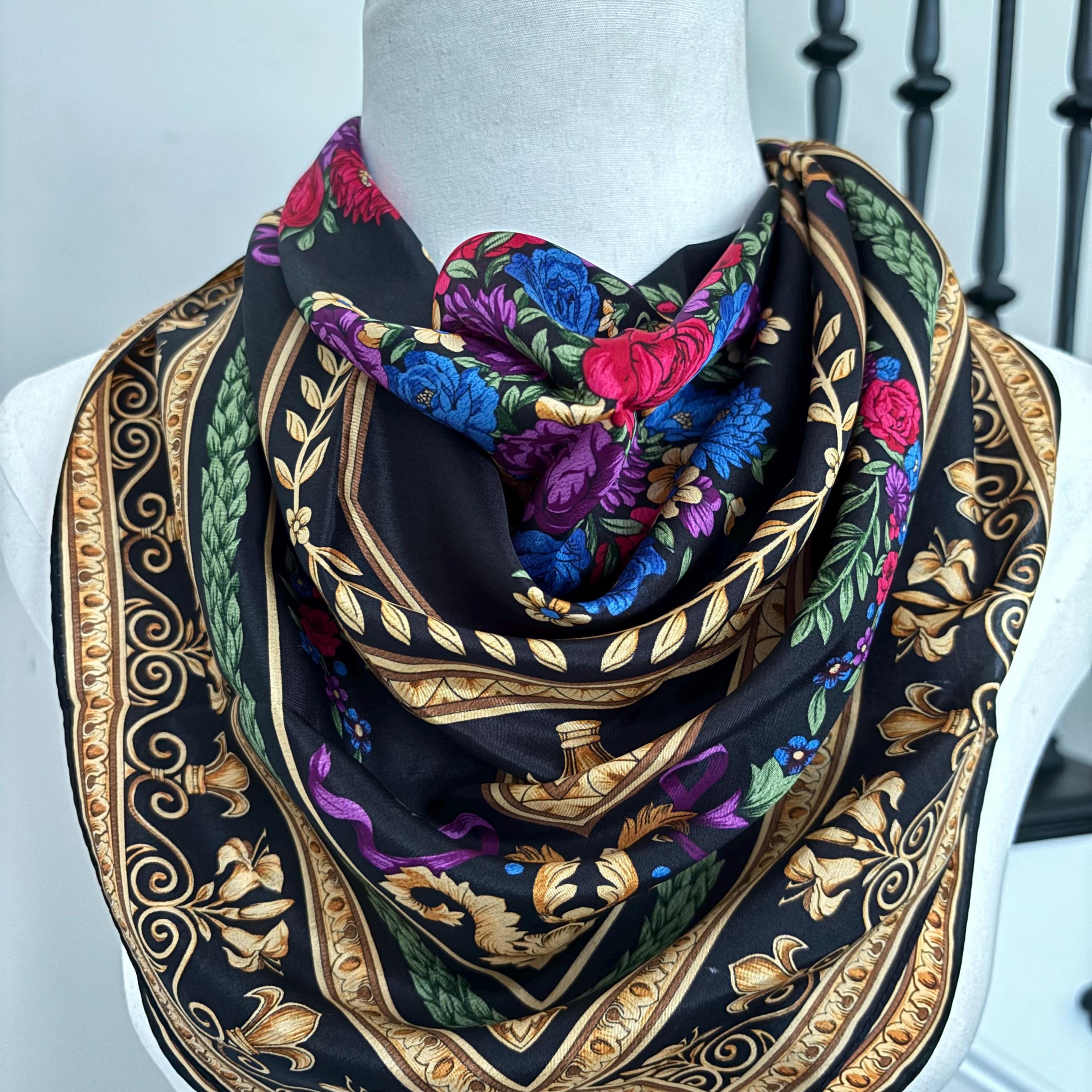 Vintage Floral Silk Scarf Black Gold Red Printed Bold & Colorful
