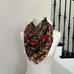 Floral Silk Scarf Brown Red Green Red Rose Boquet in Pedestal Vases Printed 35” Square 100 % Silk Scarf Made in Korea