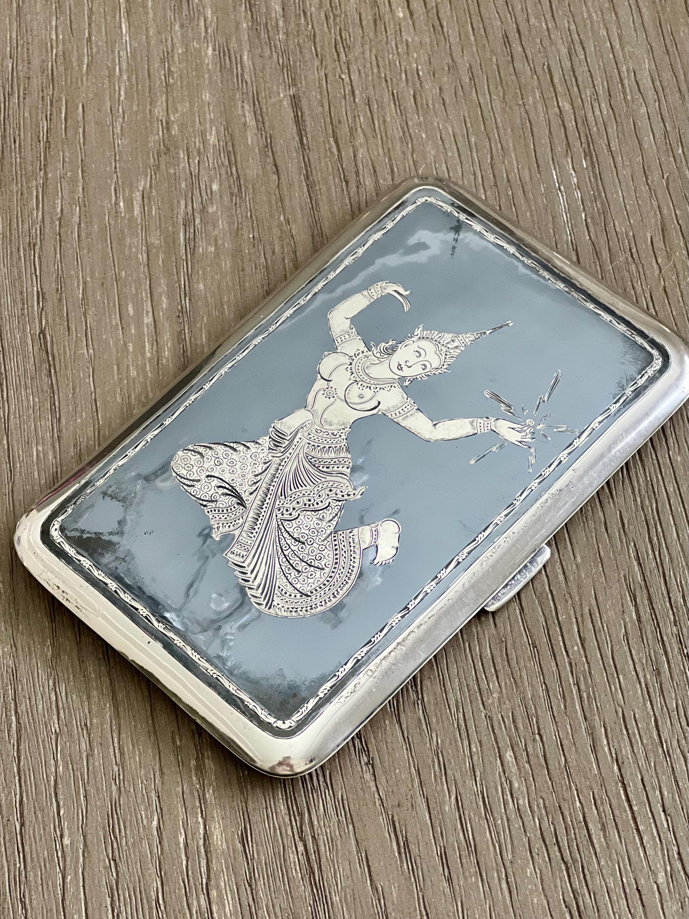 Miroir Compact Vintage Argent 925 – Danseuse émaillée Niello, Siam TR2507