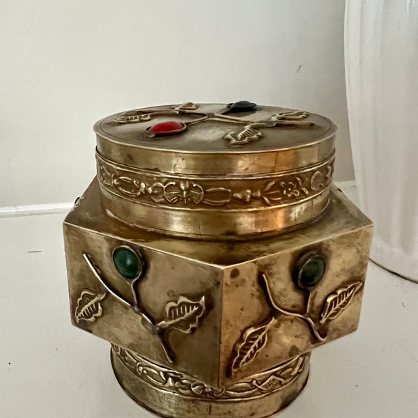 Vintage Brass Keepsake Cremation Urn Hexagonal Brass Box Small Embellished Brass Keepsake Box