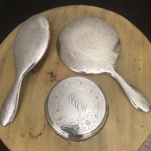 Vintage Alvin Sterling Silver Hand Mirror, Hair Brush and Jar Set Collectible Vanity Mirror Brush Jar Old Silver Set
