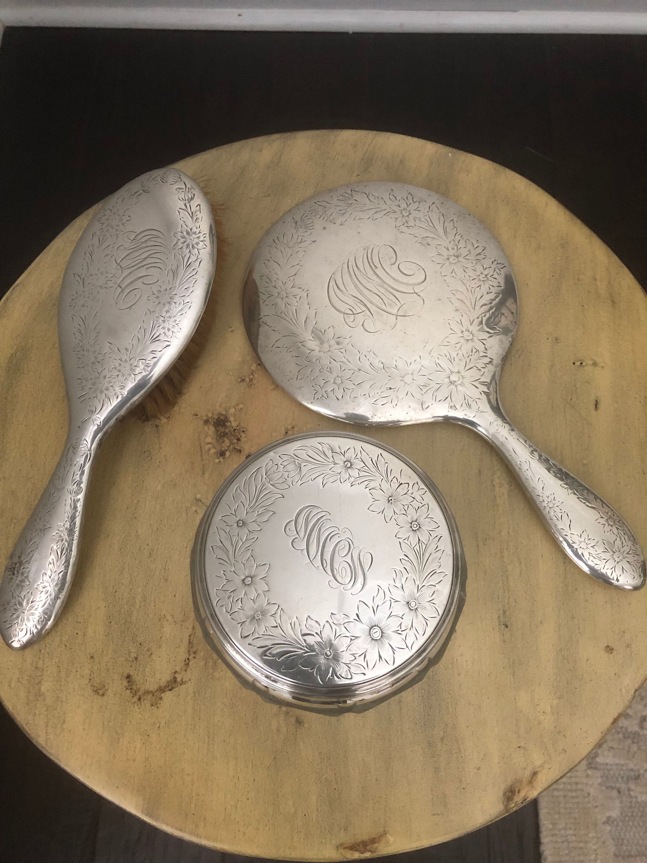 Vintage Alvin Sterling Silver Hand Mirror, Hair Brush and Jar Set