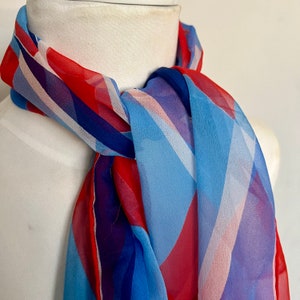 Vintage Vera Neumann Sheer Silk Scarf 44 x 15 Inch Rectangular Red White And Blue Geometric Print Sheer Silk Scarf Art Deco Silk Scarf