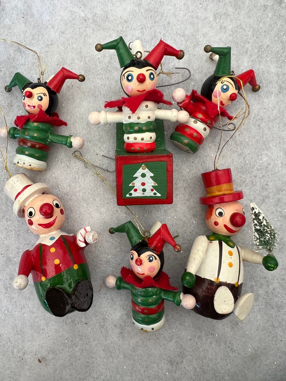 Vintage Wood Christmas Ornaments Assorted Clown Ornaments Painted