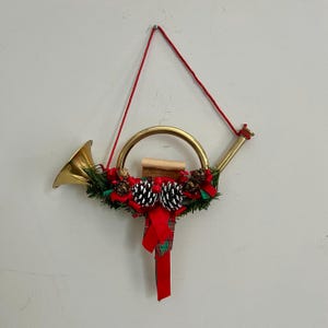 Handcrafted Solid Brass French Horn Door Hanger/ Christmas Wreath Holly Leaves Berries Brass French Horn Trumpet Musical Christmas Decor