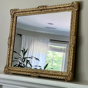 Vintage Ornately Carved Gold Gilt Wall / Mantel Mirror Solid Wood 41” x 32” Gold Frame Mirror Hollywood Regency Gold Home Decor