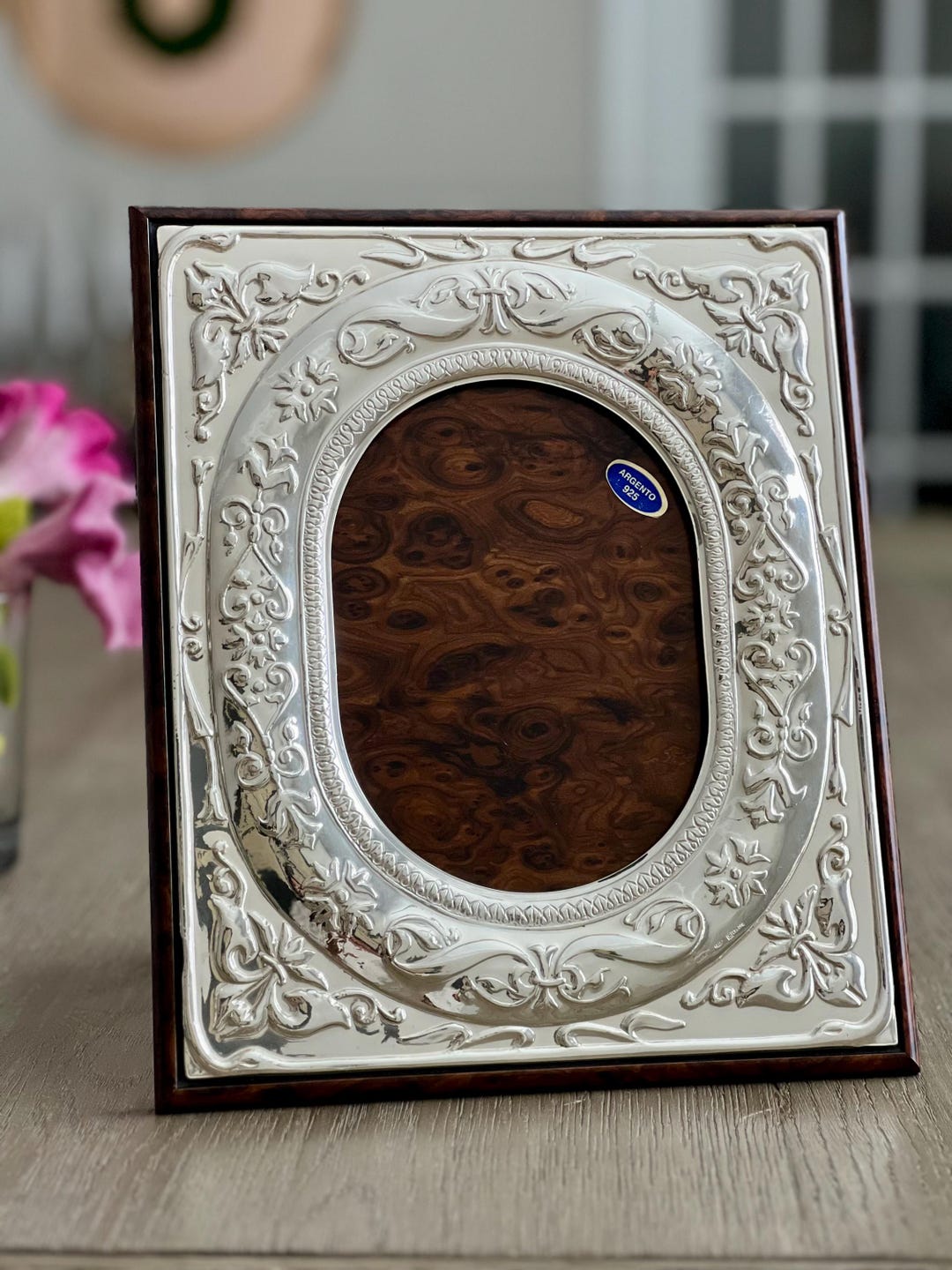Ornate Italian Sterling Silver Picture Frame: Burlwood Easel