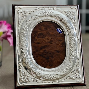 Sterling Silver Picture Frame  12”x10” Large  Picture Frame Fits 5”x7” Photo Ornate Italian Argento 925 Sterling & Burlwood Easel Back Frame