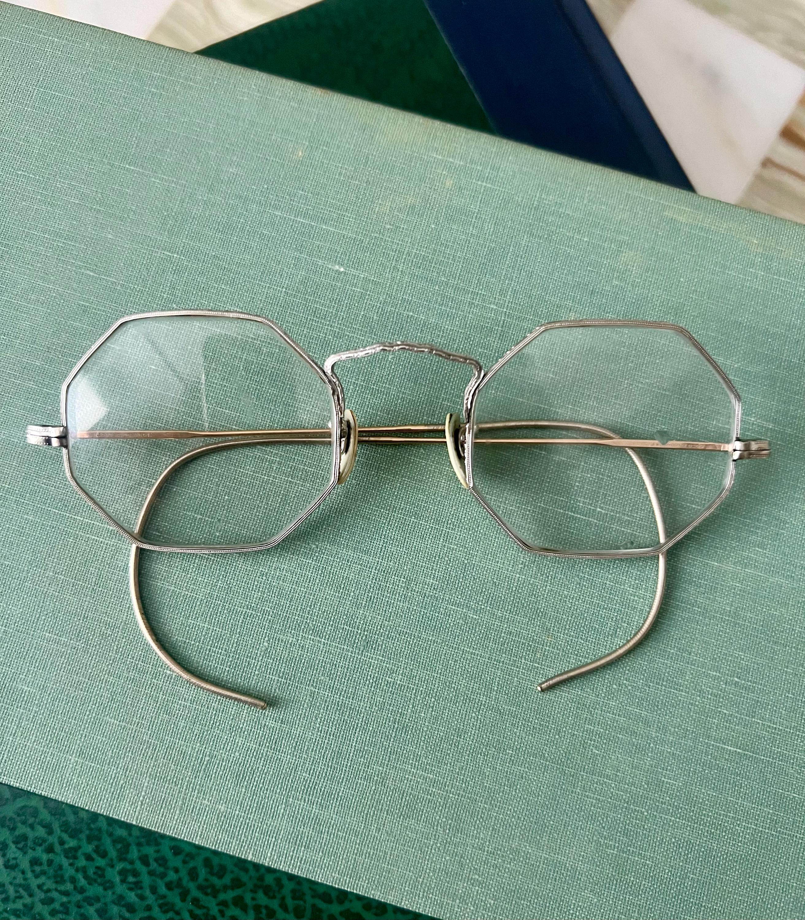 Antique Octagonal Reading Glasses True Vintage  Genuine 12K White Gold Filled Eyeglasses Ornate Antique Framed Eyeglasses