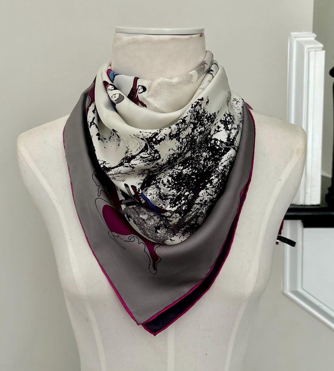 Vintage Silk Scarf – Red White Black Winter Skating Scene Print