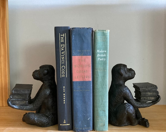 Vintage Monkey Bookends Andrea by Sadek Cast Iron Chimpanzee Figurine Bookends Chimp Holding