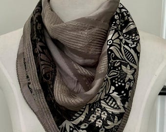 Vintage Oscar de la Renta Silk Scarf – Grey Chiffon & Satin  Black Florals Metallic Gold Detail 30” Square | Made in Japan