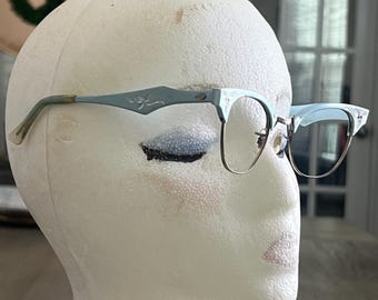 Vintage Cat Eyeglasses Blue & Silver Embellished Genuine 12 Carat Gold Filled Glasses 1960&#39;s Blue Women&#39;s Cat Eye Eyeglasses