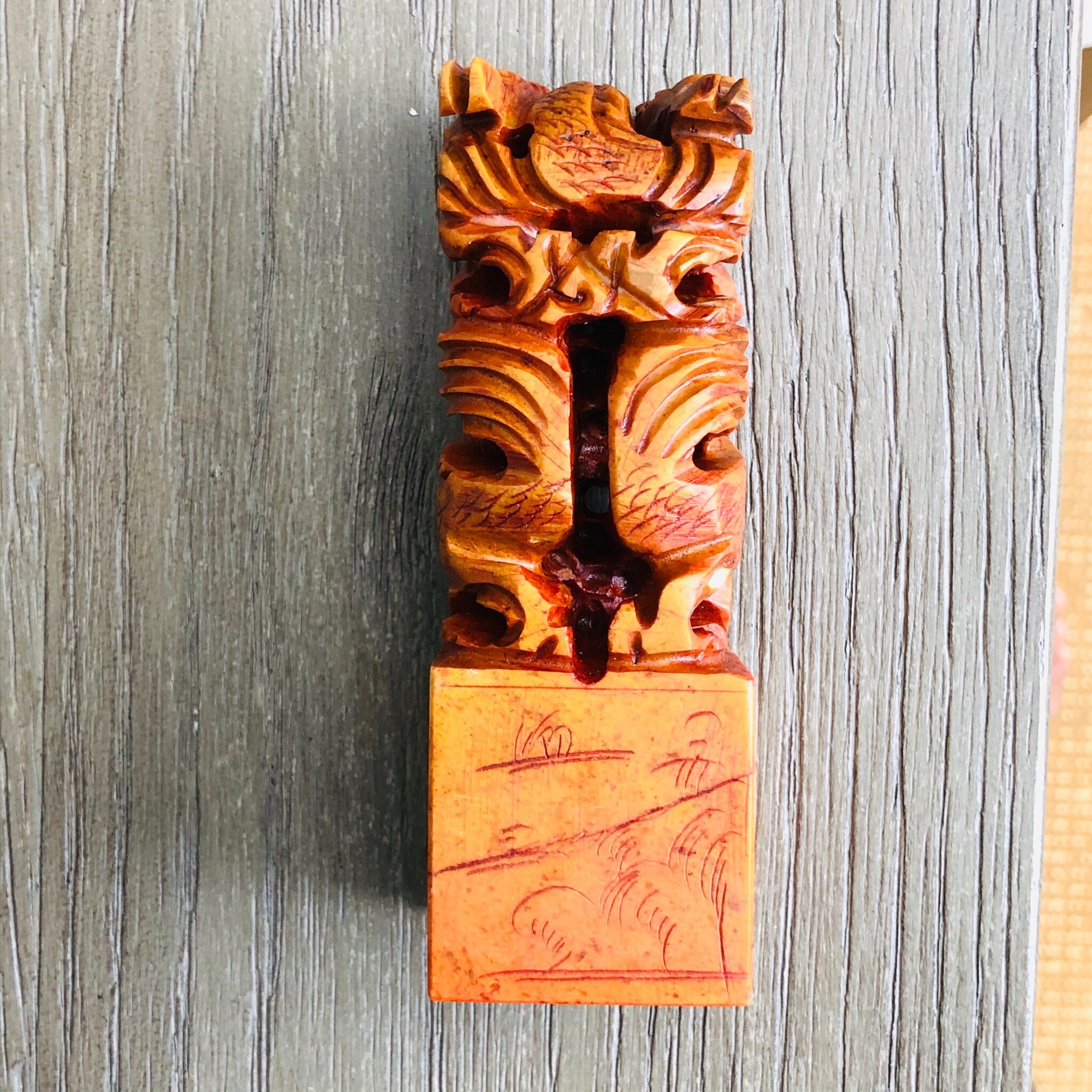 寿山石印鑑・はんこ ヴィンテージ中国寿山石印鑑キット：彫刻された印鑑、赤インク、磁器の