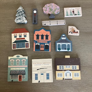Vintage The Cats Meow Assortment of Historic Businesses Signed Painted Shops Businesses Trees Fence Lamp Post Miniature Town Display