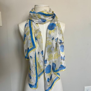 Vintage Silk Scarf Blue Yellow White Printed Roses Doncaster 66 x 21 Inch Large Rectangle Scarf  Hand Rolled Edges
