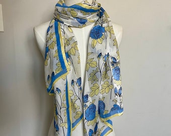 Vintage Silk Scarf Blue Yellow White Printed Roses Doncaster 66 x 21 Inch Large Rectangle Scarf  Hand Rolled Edges