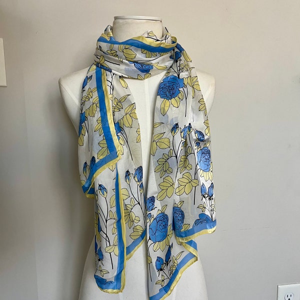 Vintage Silk Scarf Blue Yellow White Printed Roses Doncaster 66 x 21 Inch Large Rectangle Scarf  Hand Rolled Edges