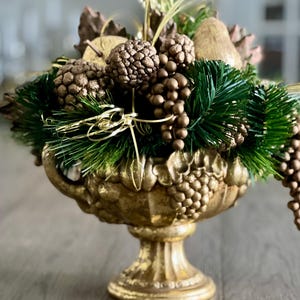 Vintage Gold Gilt Ceramic Pedestal Bowl with Handles and Ornate Fruit Motif  Holiday Centerpiece Vase Hollywood Regency Table Decor