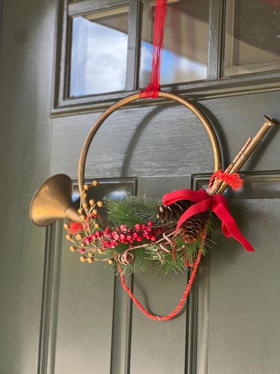 Brass French Horn Vintage Christmas Door Hanger:/ Wreath Holiday