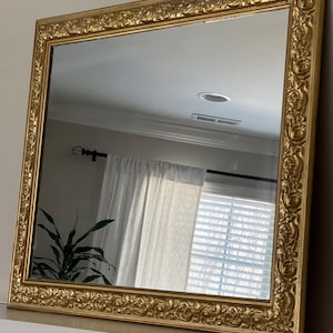Vintage Gold Gilt Mirror Carved Gold Wood Frame  Large 33” x 27” Rectangular Mirror  Gold Framed Wall Mantel Mirror Made in USA
