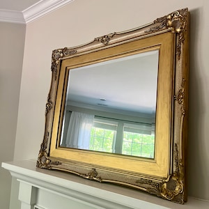 Gold Gilt Mirror 42” x 36” Large Rectangular Mirror Ornate Multilayered Carved Gold Frame Mirror Art Nouveau Hollywood Regency Style