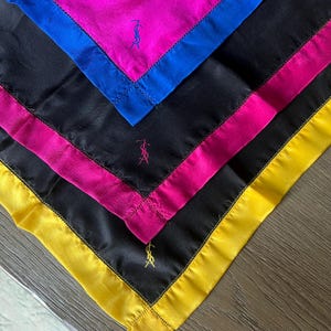 Vintage YSL Pocket Squares Set of 3 Yves Saint Laurent Silk Handkerchiefs – Colorblock Designer Accessories Black Yellow Pink Blue Border