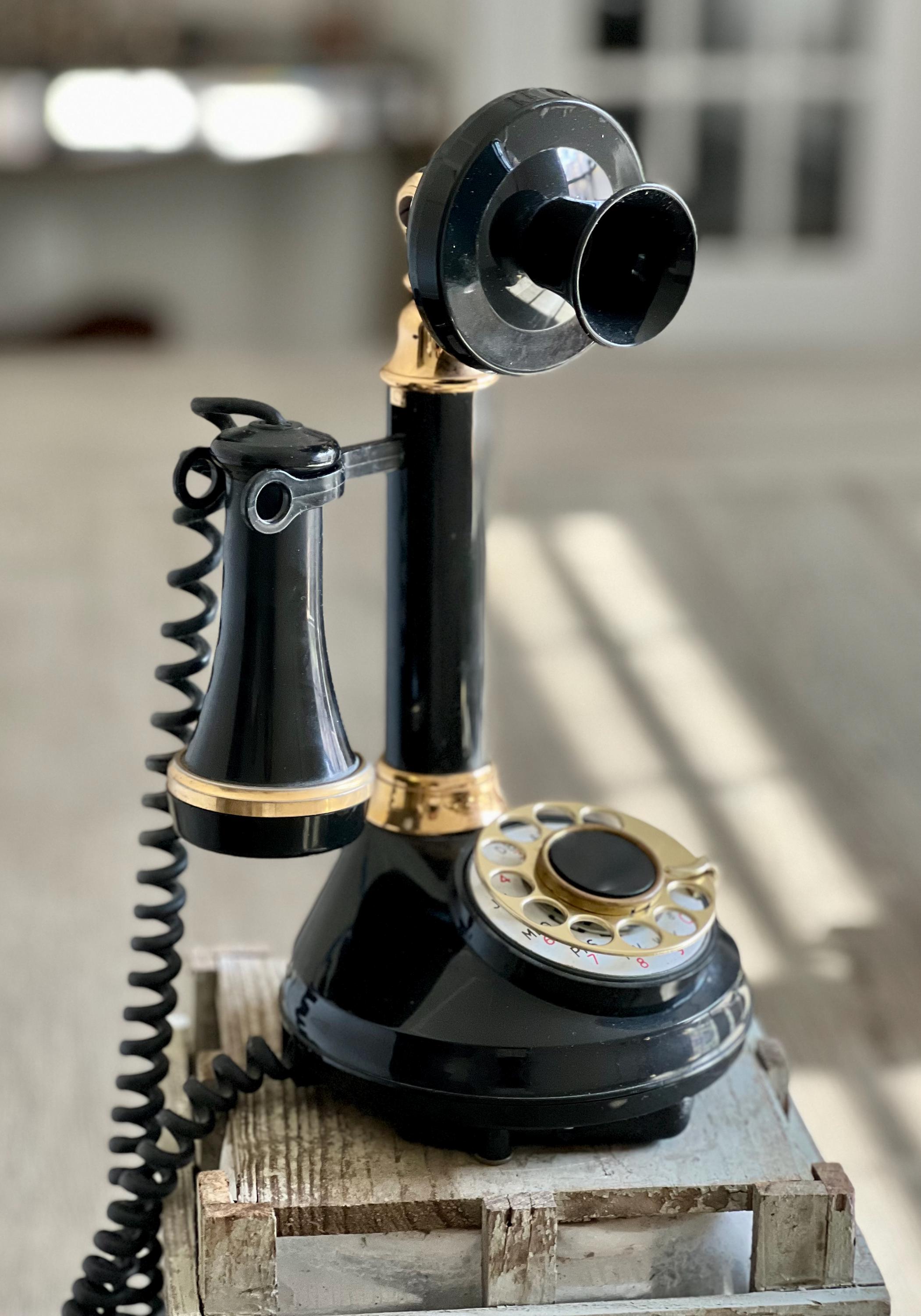 1973 Candlestick Telephone Black & Gold Rotary Dial Vintage Phone