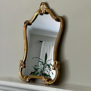 Gold Gilt Mirror Italian Florentine Style Wood Frame Mirror 35” T Unique Curved Shape With Top Accent Baroque Style
