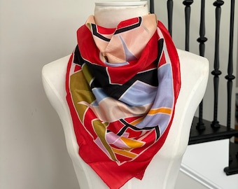 Foulard Carré Oscar De La Renta En Soie - Motif Fleurs & Géométrique, Orange Brûlé (50x50 Cm)