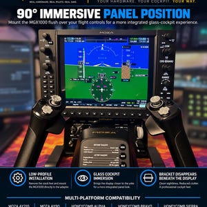May include: The SimToSolo MGX1000 Universal Adapter features a black flight simulator display screen showing a digital cockpit interface with navigation data, flanked by two black flight control yokes with grey buttons and a central control panel.