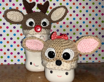 Rudolph and Clarice Marshmallow Mug Reindeer Hats Set of 2